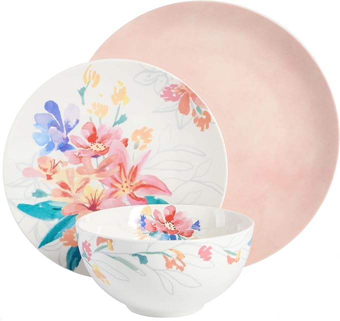 Spice by Tia Mowry Goji Blossom Decorated Porcelain Chip and Scratch Resistant Dinnerware Set Pink 12-Piece