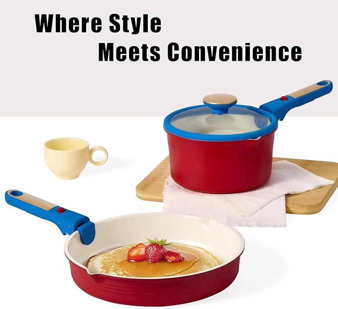 CAROTE 5Pcs Titanium Cookware Set Pots and Pans Set Non Stick Kitchen Cooking Set with Detachable Handle Non Toxic Induction Cookware Dishwasher/Oven SafeMemphis Design
