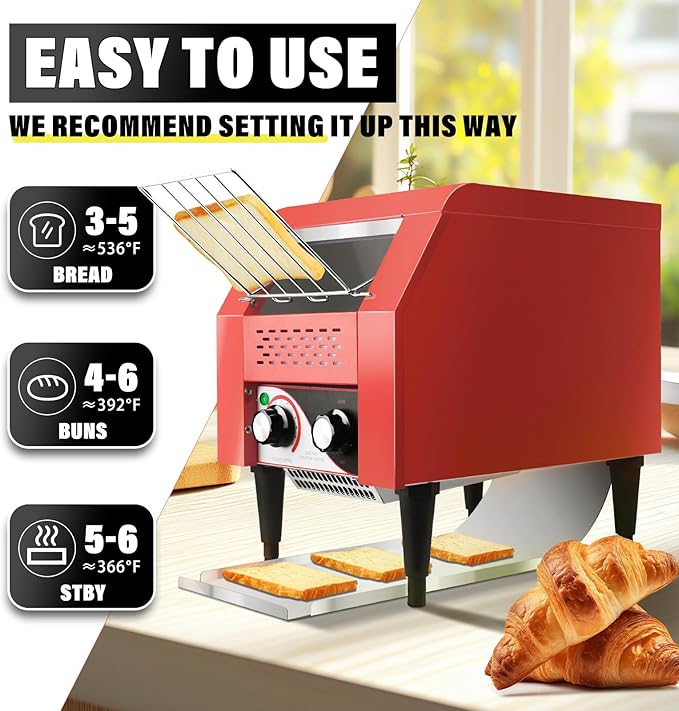 Commercial Conveyor Toaster 150 Slices/Hour Red Conveyor Toaster 3 Modes/7 Speeds Stainless Steel Tabletop Toaster for Toast Bagels and Other Baked Breads