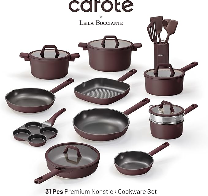 CAROTE 31PCS Pots and Pans Set Nonstick Cookware Set Kitchen Non Stick Induction Titanium Cookware Non-toxic Granite Cooking set PFOA Free