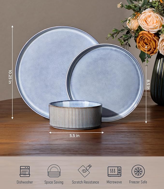 GBHOME 12-Piece Stoneware Dinnerware Set for 4 – Ribbed Ceramic Plates and Bowls Scratch-Resistant Microwave &amp Dishwasher Safe Reactive Glaze Deep Tidal Blue