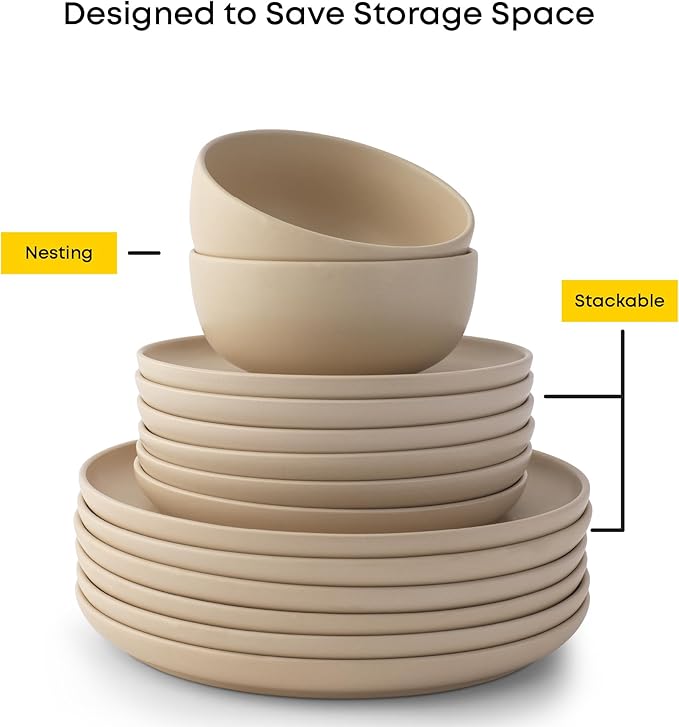 JoyJolt Mesa Stoneware Dinnerware Set 18-Piece Plates and Bowls Sets Includes Dinner - Salad and Cereal and Soup Bowls Modern Farmhouse Matte Beige Dish Set for 6