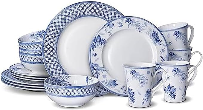 Mikasa Kiley Bone China Lightweight Chip Resistant 16 Piece Dinnerware Set Service for 4Blue and White