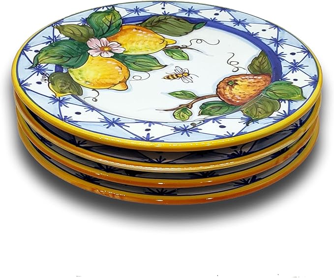 Italian Ceramic dinnerware set - Hand Painted kitchen Small Dishes sets for 4 - Made in ITALY Tuscany - Italian Pottery dinner plates - Home Decor Lemons Ischia Ceramics salad dishes set