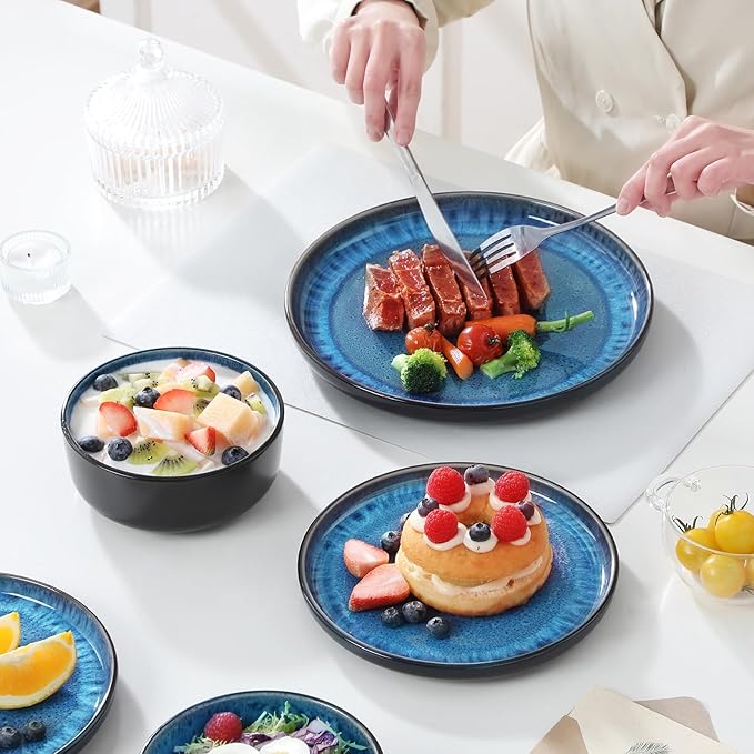 vancasso PLAYA Plates and Bowls Sets 18 Pieces Blue Dinnerware Sets for Kitchen Reactive Glaze Dishes Set for 6 Dishwasher and Microwave Safe