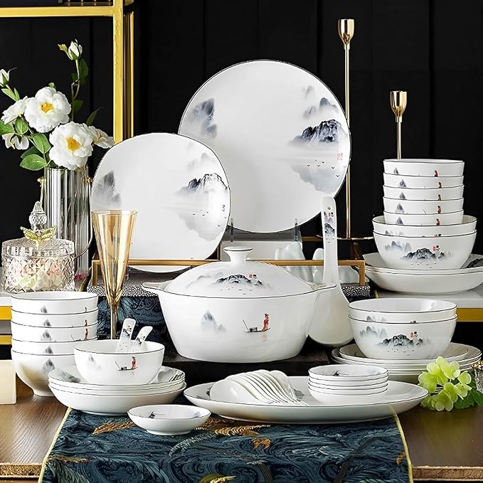 60-Piece Plates and Bowls Sets Scratch Resistant Dish Set Ceramic Kitchen Dinnerware Set Dishwasher &amp Microwave Safe Bowl and Plate Set Reusable Easy to Clean Tableware Set Service for 12