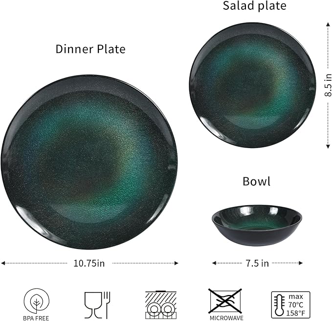 Melamine Dinnerware Set 12pcs Plates and Bowls Set Green Dinner Dishes Set for Indoor and Outdoor BPA-Free Dishwasher Safe（Green）