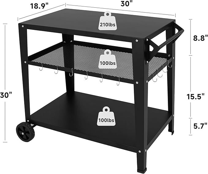 Black Outdoor Grill Cart with Wheels Heavy-Duty 3-Tier BBQ Prep Table for Pizza Oven Griddle Patio – Rustproof Commercial Kitchen Cart with Tool Hooks
