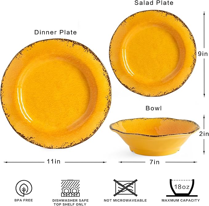 LEHAHA Melamine Dinnerware Sets Outdoor Use Harvest Dinner Plates and Bowls Sets Great for RVs Camping Light Weight and Unbreakable 12 Piece Dishes Dinnerware Set for 4 (Gold)