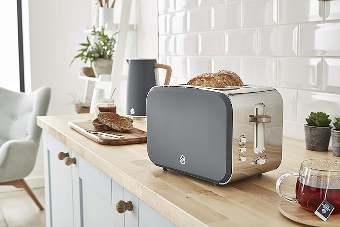 Swan Nordic Toaster 2 Slice with Extra Wide Slots for Bagels Waffles Breads Cancel Defrost and Bagel Function 6 Brown Settings Slate Grey (ST14610GRYN)