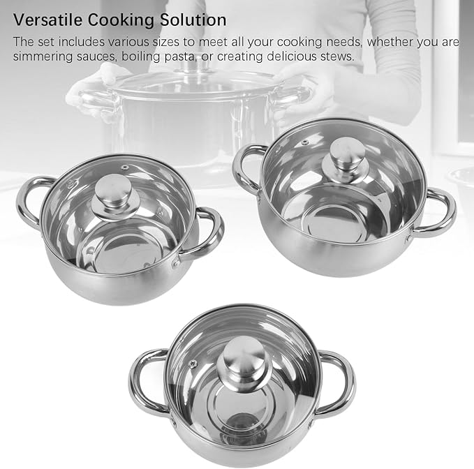 3Pcs Stainless Steel Cookware Set Thick Bottom Kitchen Cookware Set Cooking Pots for Home Kitchen Cooking Boiling