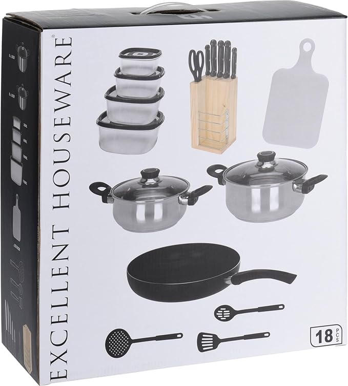 WELL HOME MOBILIARIO &amp DECORACIÓN 18 Piece Cookware Set (1 x Pan + 2 x Pots + 1 x Cutting Board + 1 x Scissors + 3 x Nylon Utensils + 4 x Tuppers + 1 x Wooden Block