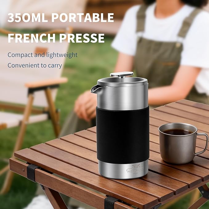 MERMOO YILAN Handleless French Press Coffee Maker - 12 oz Stainless Steel Insulated 3-in-1 Press for Coffee Tea &amp Milk Frother with Detachable Silicone Sleeve | Space Saving Design