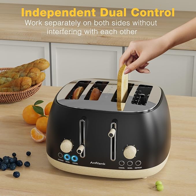 Toaster 4 SliceRetro Stainless Steel Toaster with Extra Wide Slots Dual Independent Control Panel Cancel Bagel Defrost Function Removable Crumb Tray Matt Black