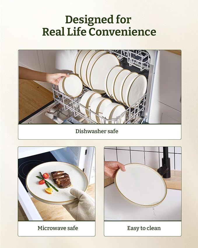 Famiware Nebula Plates and Bowls Sets 24 Pieces Stoneware Dinnerware Sets Reactive Glaze Dish Set Dishes Set for 8 Matte Beige White with Brown Rim
