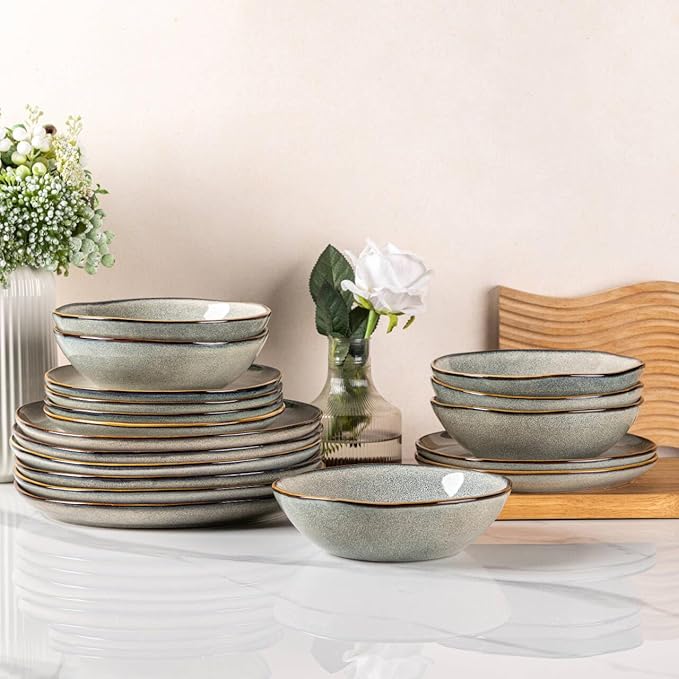 AmorArc Ceramic Dinnerware SetsHandmade Reactive Glaze Stoneware Plates and Bowls SetsHighly Scratch Resistant | Dishwasher &amp Microwave Safe Dishes SetService for 6 (18pc)