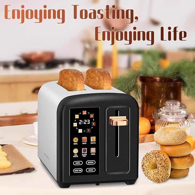 SEEDEEM Toaster 2 Slice with Touch Screen Faster Heating Speed 7 Shade Setting 6 Bread Type 1.5”Wide Slots Toaster Removable Crumb Tray 1350W Dark Chocolate