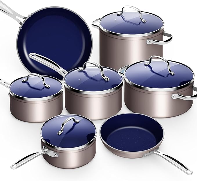 Nuwave 12pc Forged Lightweight Cookware Set G10 Healthy Duralon Ceramic Ultra Non-Stick Coating Vented Tempered Glass Lids Stay-Cool Handles Induction-Ready &amp Works on All Cooktops PFAS Free