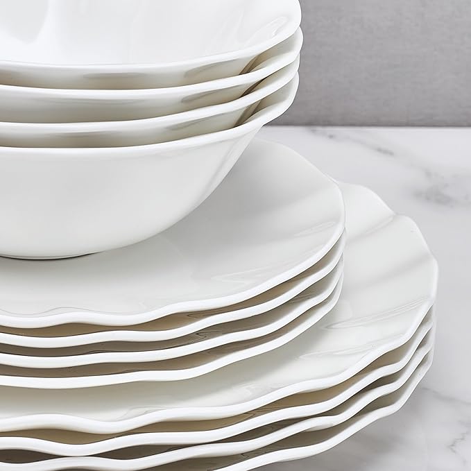 Mikasa Elodie Scalloped 12 Piece Bone China Durable Chip Resistant Lightweight Dinnerware Set Service for 4 White