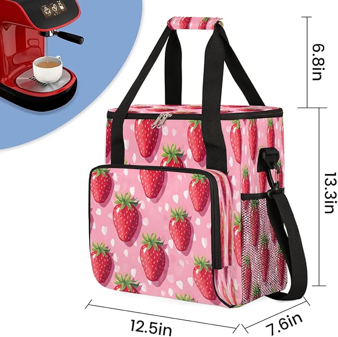 Strawberries Spots Coffee Maker Carrying Bag Compatible with K-Mini or K-Mini Plus Portable Single Cup Coffee Maker Case with Pockets for K Cup Pods
