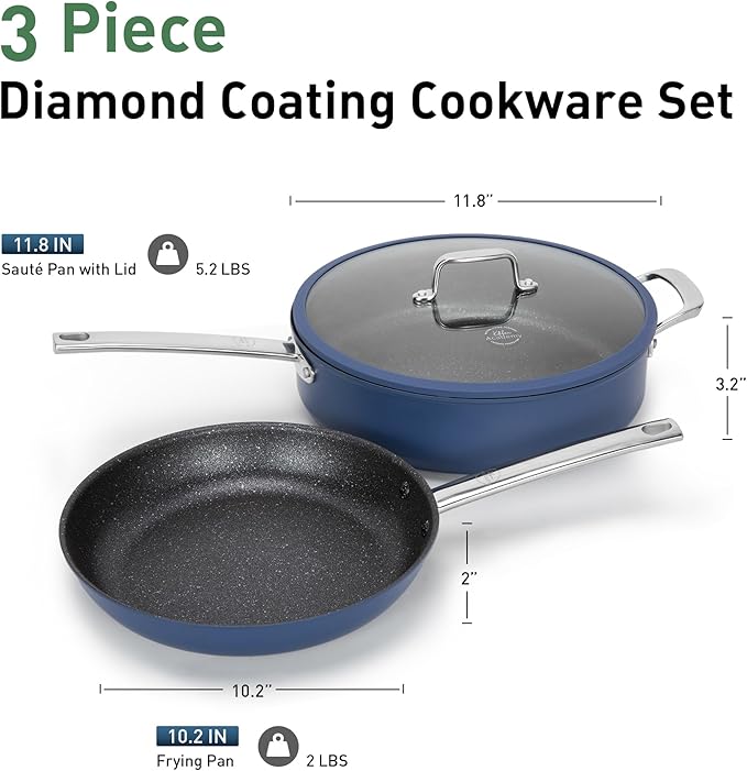 Kitchen Academy 3 Pcs Plasma Titanium Nonstick Frying Pans Set Induction 10 Skillet &amp 11.8/6QT Saute Pan with Stainless Steel Handle PFOA &amp PFAS-Free Oven Safe