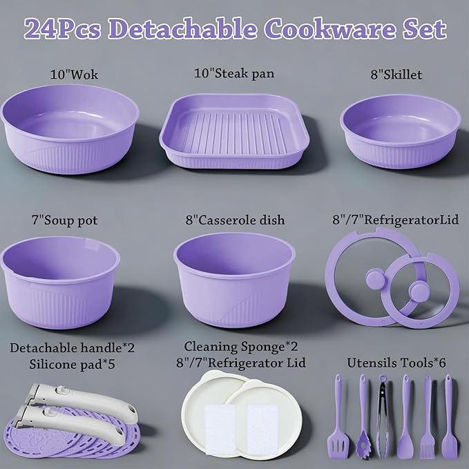 24 Pcs pots and pans setcookware set non stickpots and pans set Oven-safe and dishwasher-safePFAS/PFOA FreeInduction Dishwasher Oven Safe cookware set (Purple)