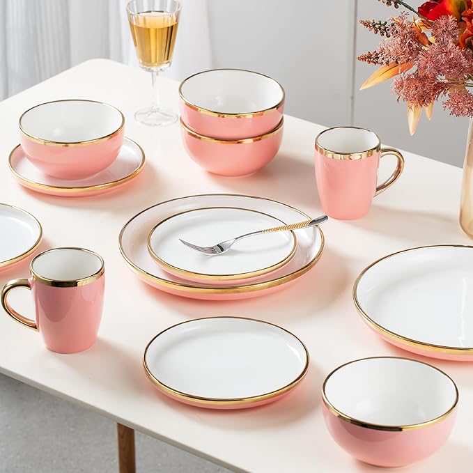 Stoneware Tableware Set for 4 Ceramic Dinnerware Sets with Gold Trim Including 10.5 Dinner Plates 7.75 Dessert Plates 6 Dinner Plates and 14oz Coffee Cups Porcelain (Pink Glod)