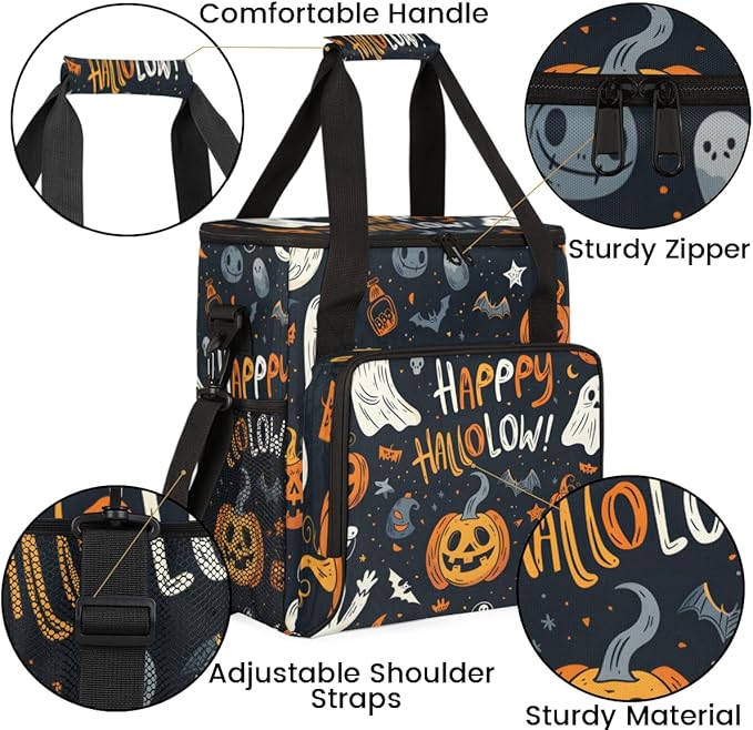 Happy-Halloween Coffee Maker Carrying Bag Ghosts Pumpkins Travel Storage Bag Compatible with K-Mini or K-Mini Plus Single Serve Coffee Brewer Carrying Case with Multiple Pockets &amp Shoulder Strap