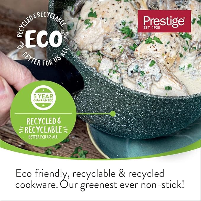 PRESTIGE Eco Non Stick Pots and Pans Set – 5 Piece Recycled Induction Hob Pan Set with Lids Soft Grip Stay Cool Handles Set of 3 Saucepans &amp Set of 2 Frying Pans Green