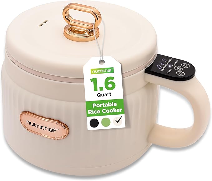NutriChef 1.6 QT Portable Electric Rice Cooker &amp Lunch Maker | Multi-Functional &amp Non-Stick Ceramic Coating | Digital Control Panel | 6 Cook Functions: Rice Soup Stew Porridge &amp More |