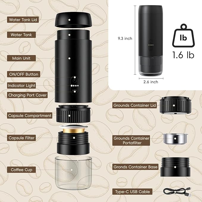 Portable Espresso Maker 20Bar Pressure &amp Up to 60 Cups per Charge Battery Operated Portable Coffee Maker Works with Ground Coffee &amp Capsules for Camping Car Travel and Office Use.