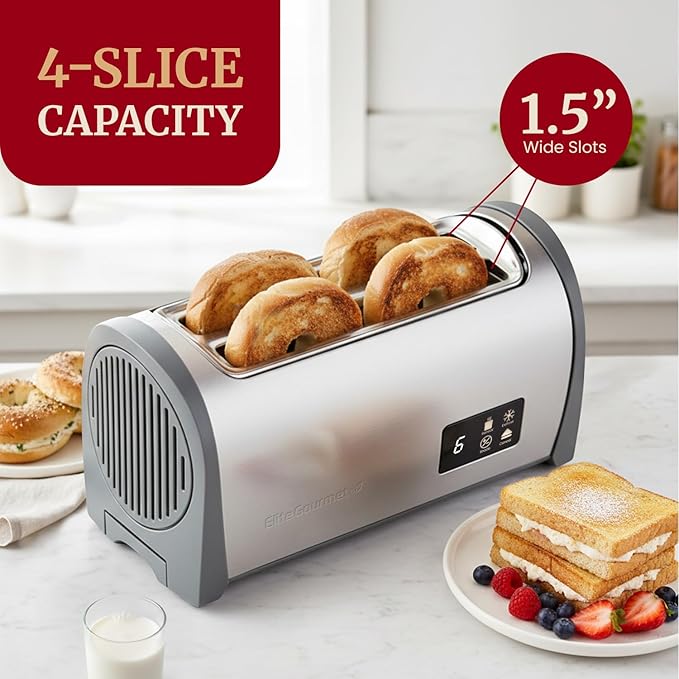 Elite Gourmet Digital Long Slot 4-Slice Toaster – Touch Screen LED Display Extra Wide 1.5” Slots for Artisan &amp Bagel Bread 6 Browning Levels Defrost &amp Reheat Stainless Steel Modern Design
