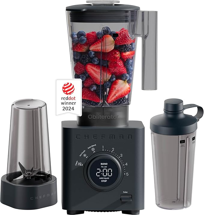 Chefman Obliterator 48 oz Countertop Blender for Smoothies 1380W Motor to Crush Ice Nuts and Frozen Fruit with Stainless Steel Blade Blender Pack Includes Two 20 oz. Travel Jars - Midnight