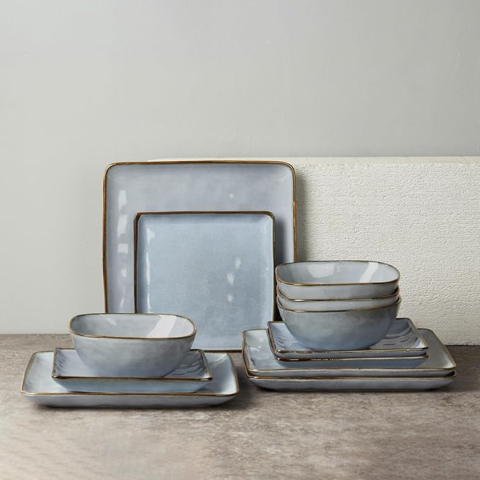 Famiware Ocean Square Plates and Bowls Sets for Kitchen 16-Piece Dinnerware Sets for 4 Mug Set for 4 Blue