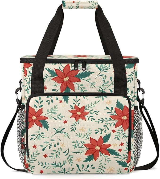 Christmas Flowers Coffee Maker Carrying Bag Dreamy Flowers Travel Storage Bag Compatible with K-Mini or K-Mini Plus Single Serve Coffee Brewer Carrying Case with Multiple Pockets &amp Shoulder Stra