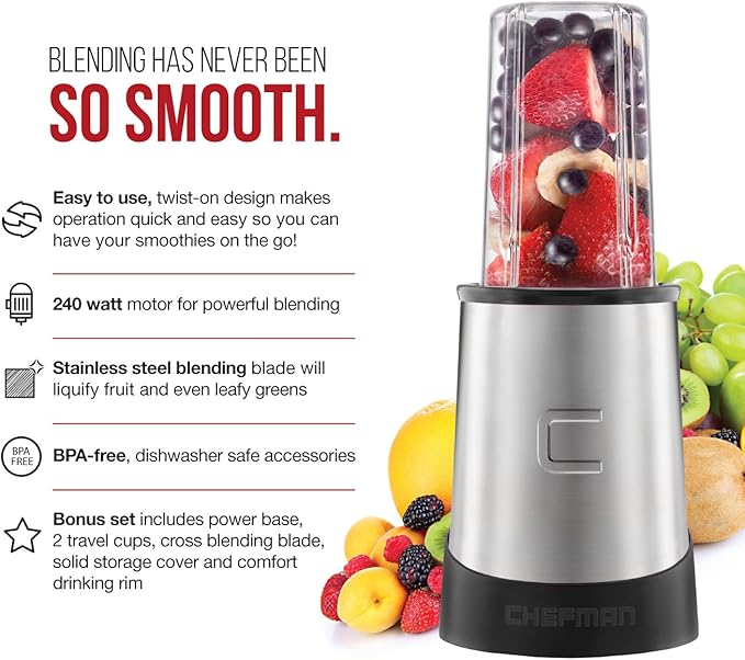 Chefman Personal Ultimate Kitchen Blender Quick Portable Blending of Shakes Smoothies Baby Food &amp Juice 2 Travel Cups Cover &amp Drinking Rim 6-Piece Set Dishwasher-Safe Stainless-Steel Bl