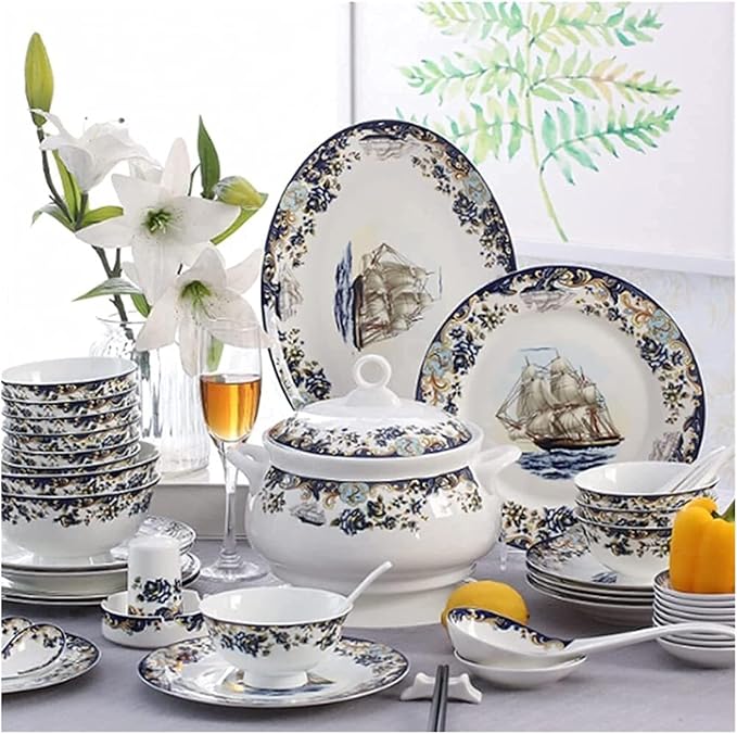 58 Piece Bone China Porcelain Dinnerware Set Sailboat Pattern Ceramic Tableware Collection Plate Set