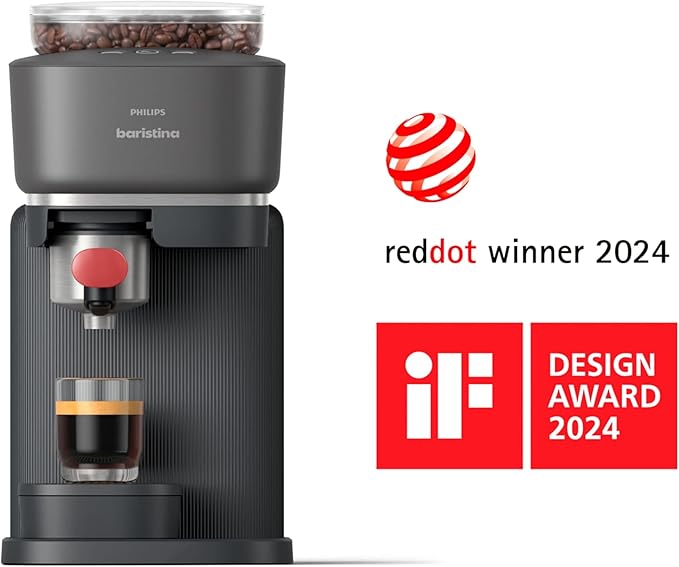 Philips Baristina Espresso Machine Grind Tamp &amp Brew Coffee Beans in One Swipe Compact 16 Bar Pump Pressure Automatic Grinder Black with Berry Red Portafilter (BAR301/60)