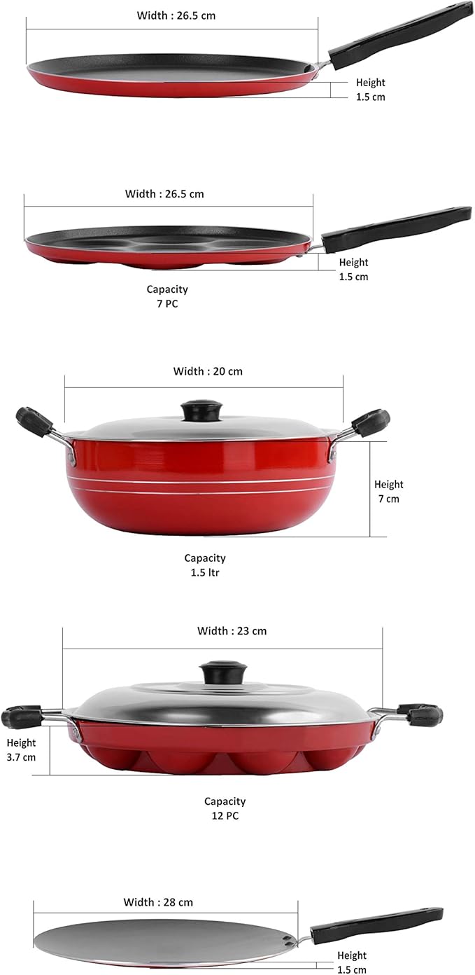 Sumeet Non-Stick Aluminum Cookware Set (Dosa Tawa - 26.5 cm Multi Snack Maker - 26.5 cm D Kadhai with Lid 1.5 L Grill Appam Patra with Lid - 23 cm Concave Tawa -28 cm 2.6 mm Thick Ruby Red)