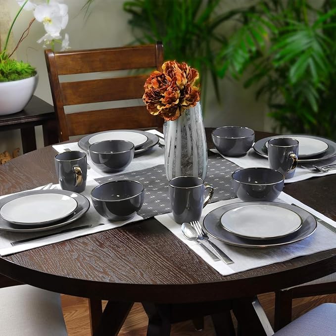 16-Piece Stoneware Dinnerware Set – Modern Glossy Dish Set for 4 in Black Taupe &amp Gray – Microwave and Dishwasher Safe Dinner Plates Bowls Mugs and Salad Plates (Assorted Gray)