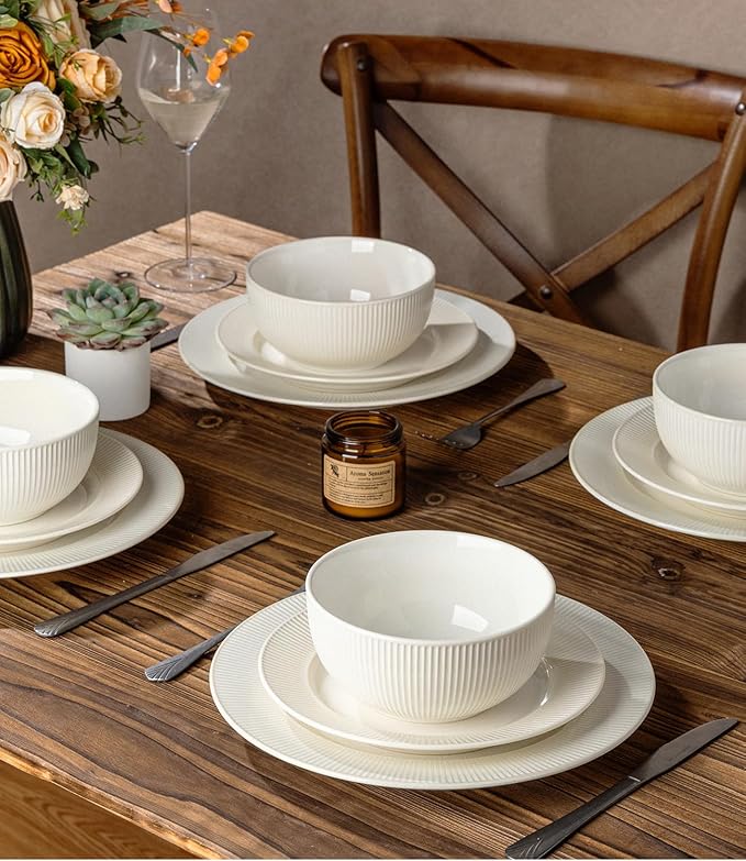 TheTerra Stoneware Dinnerware Sets for 6 18 Pieces Ceramic Plates and Bowls Sets Scratch Resistant Embossed Dish Set Oven Microwave &amp Dishwasher Safe Reactive White