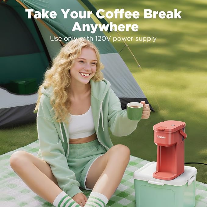 Single Serve One Cup Coffee Maker for K Cups and Grounds Mini Coffee Maker with Portable Handle 6 to 12 Oz Brew Size for Travel Camping Office RV and Dorm 120V Salmon Pink