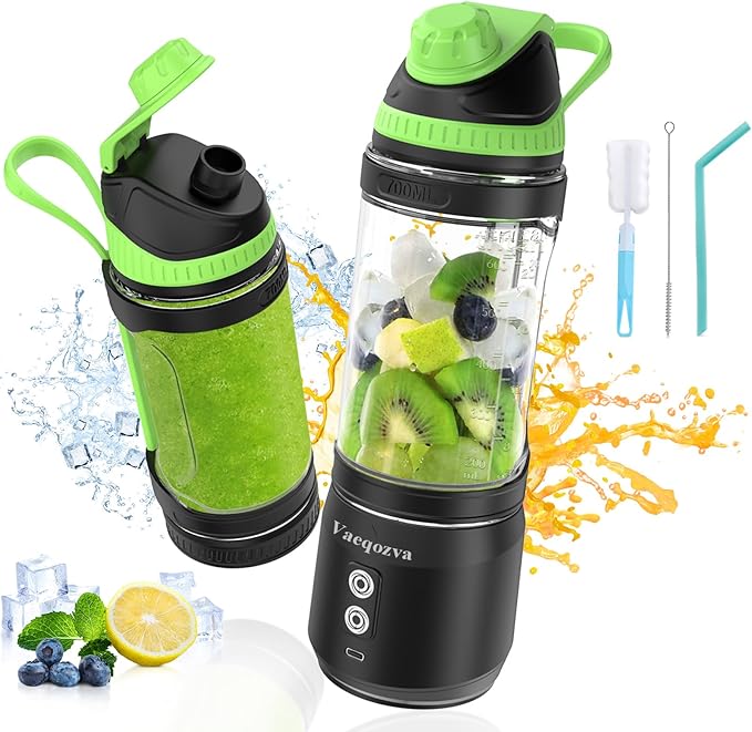 Portable Blender for Shakes and Smoothies 24oz Travel Blender 300Watt on the Go Blender USB Rechargeable Personal Blender with a Travel Lid &amp BPA Free Bottle(Green Cap Black Body)