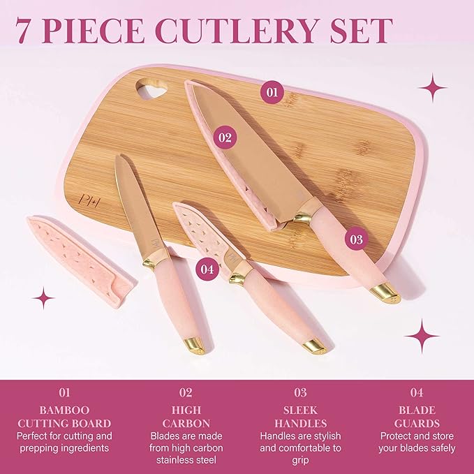 Paris Hilton Reversible Bamboo Cutting Board and Cutlery Set with Matching High Carbon Stainless Steel Knives Blade Guards Sleek Yet Comfortable Handle Grips 7-Piece Set Gold Pink