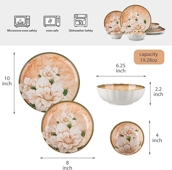 Plates and Bowls Sets for 2 8-Piece Dinnerware Set Ceramic Dish Sets for 2 with Camellia Floral Pattern Microwave &amp Dishwasher Safe for Everyday Use &amp Gift Giving