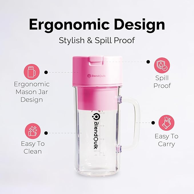 Personal Portable Blender For Shakes &amp Smoothies Leakproof &amp Stylish Portable Mason Jar Shaker Rechargeable Mini Blender with 10-Blade Blending System 14oz Pink