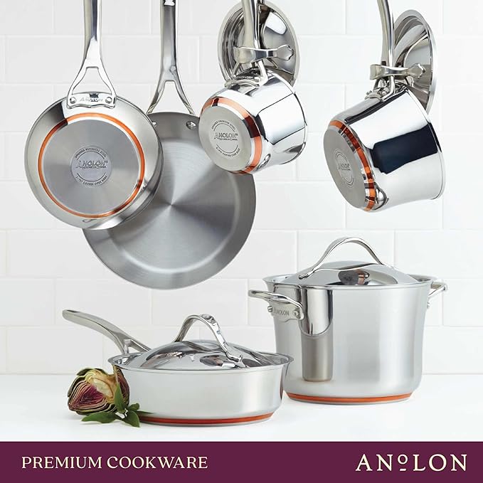 Anolon Nouvelle Stainless Stainless Steel Frying Pan / Fry Pan / Stainless Steel Skillet with Lid - 12 Inch Silver