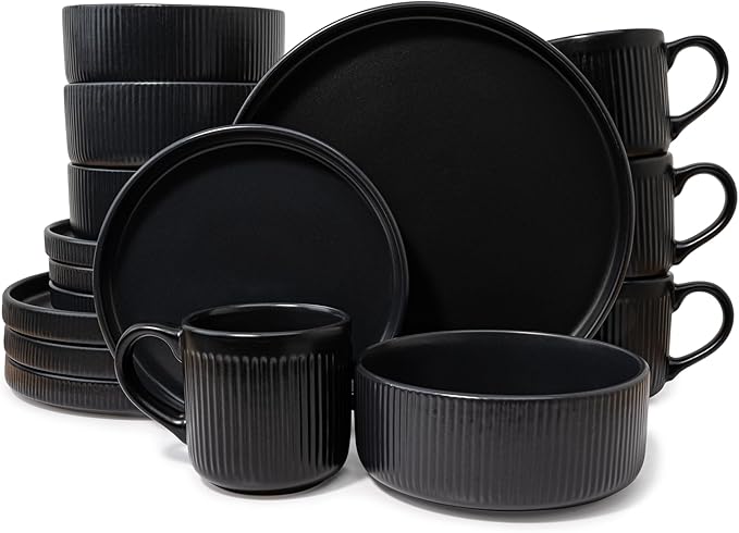 16 Piece Dinnerware Set Key West - Plates Bowls and Mugs Set for 4 - Chip and Scratch Resistant Microwave and Dishwasher Safe Tableware 16 Pieces Ribbed Dishes