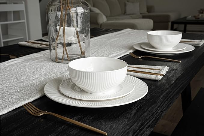 New Bone China 12 Piece Dinnerware Set Santorini Collection (Sun) White Daily Use China Embossed Tableware Service for 4