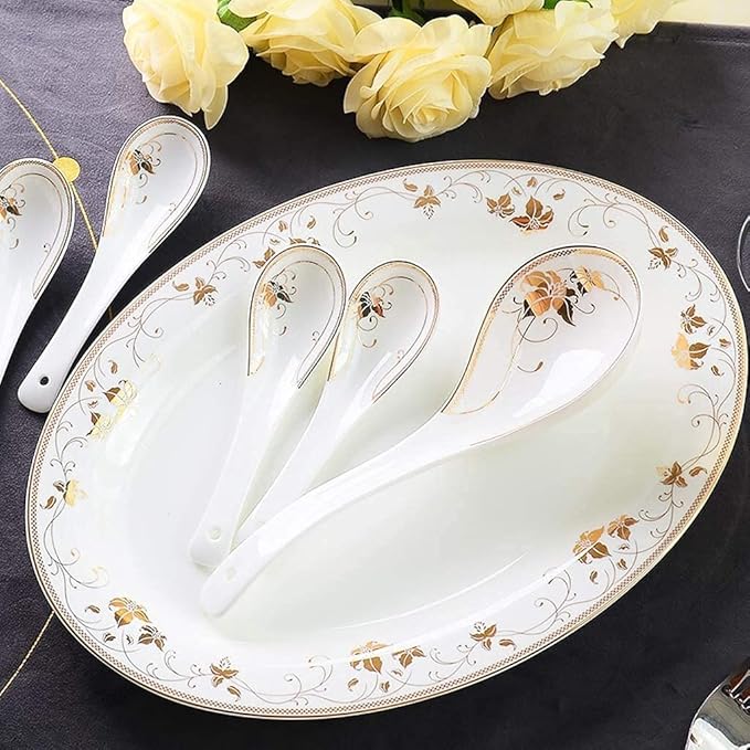 Ceramics Dinnerware Set With 50-Piece Bowl/Soup Pot/Dish/Spoon|Bone China Dinner Sets Golden Pattern Porcelain Combination Set